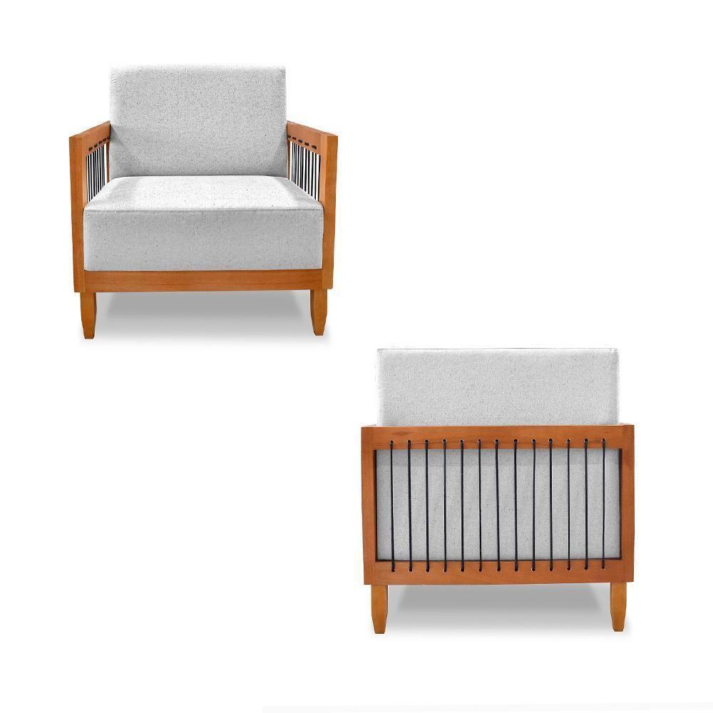 Poltrona Sala De Estar Pés Madeira Maciça Corda Náutica Preta 75cm Manila Linho Cinza Rústico - 2