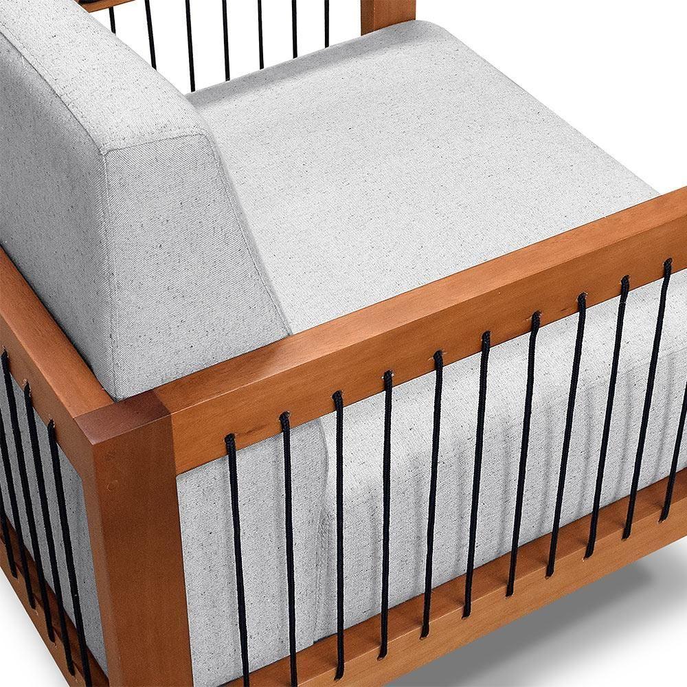 Poltrona Sala De Estar Pés Madeira Maciça Corda Náutica Preta 75cm Manila Linho Cinza Rústico - 4