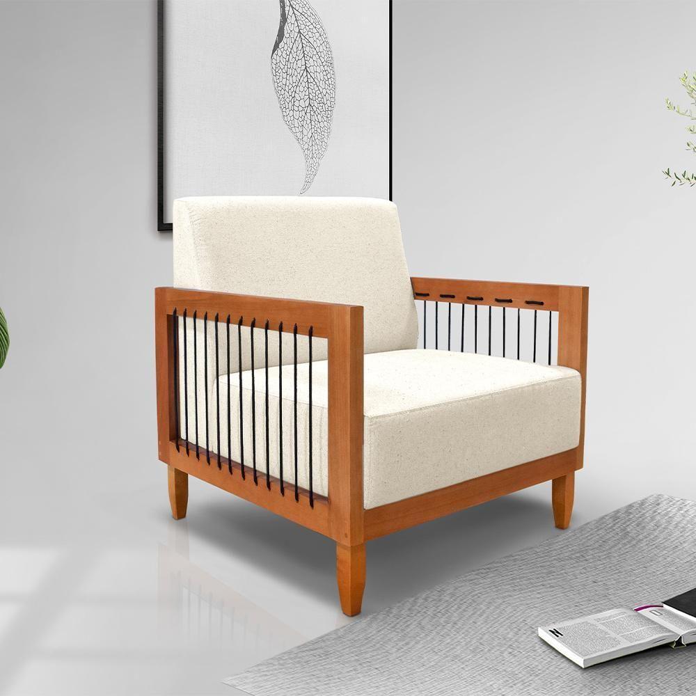 Poltrona Sala De Estar Pés Madeira Maciça Corda Náutica Preta 75cm Manila Linho Off White Rústico - 1