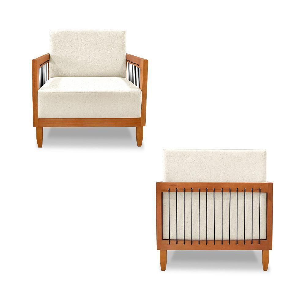 Poltrona Sala De Estar Pés Madeira Maciça Corda Náutica Preta 75cm Manila Linho Off White Rústico - 2