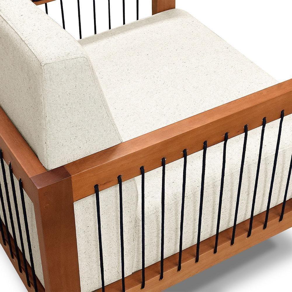 Poltrona Sala De Estar Pés Madeira Maciça Corda Náutica Preta 75cm Manila Linho Off White Rústico - 4