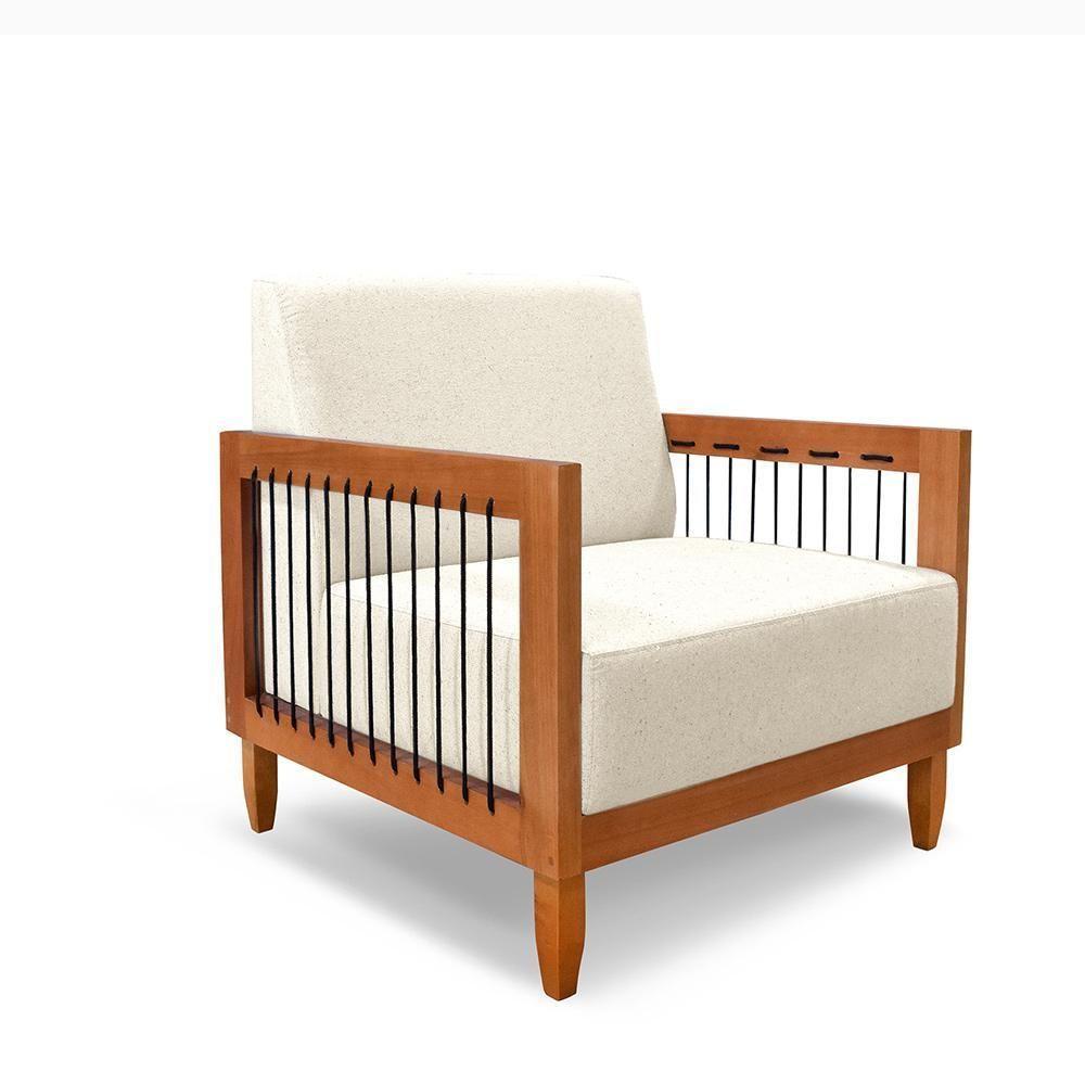 Poltrona Sala De Estar Pés Madeira Maciça Corda Náutica Preta 75cm Manila Linho Off White Rústico - 6