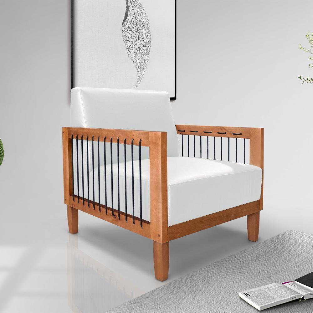 Poltrona Sala De Estar Pés Madeira Maciça Corda Náutica Preta 75cm Manila Pu Branco - 1