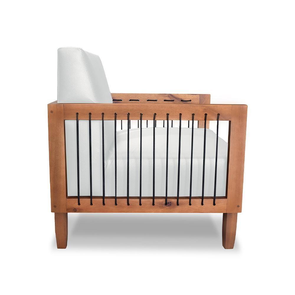 Poltrona Sala De Estar Pés Madeira Maciça Corda Náutica Preta 75cm Manila Pu Branco - 2