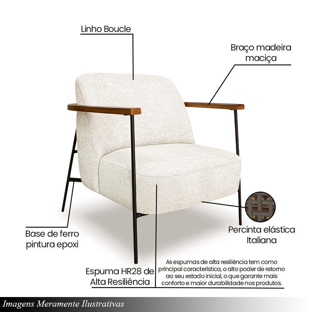 Poltrona Sala De Estar Pés Em Ferro Preto Braço Madeira Maciça 86cm Thane Bouclê Off White - 6