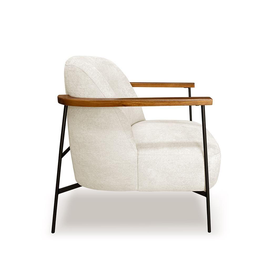 Poltrona Sala De Estar Pés Em Ferro Preto Braço Madeira Maciça 86cm Thane Bouclê Off White - 7