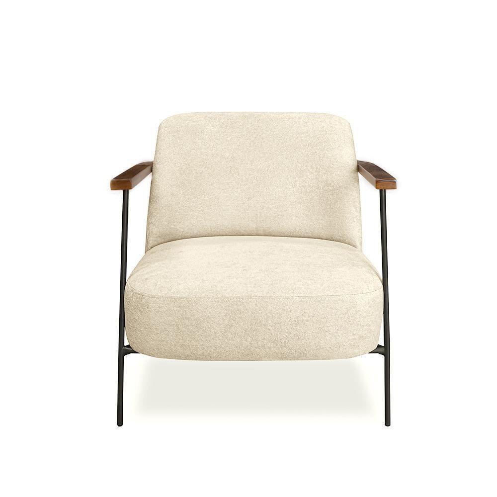 Poltrona Sala De Estar Pés Em Ferro Preto Braço Madeira Maciça 86cm Thane Bouclê Bege - 2