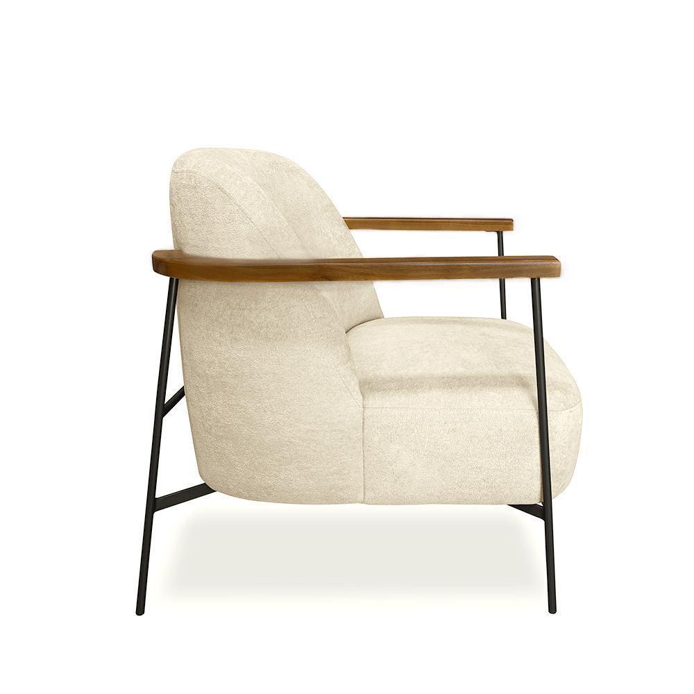 Poltrona Sala De Estar Pés Em Ferro Preto Braço Madeira Maciça 86cm Thane Bouclê Bege - 3