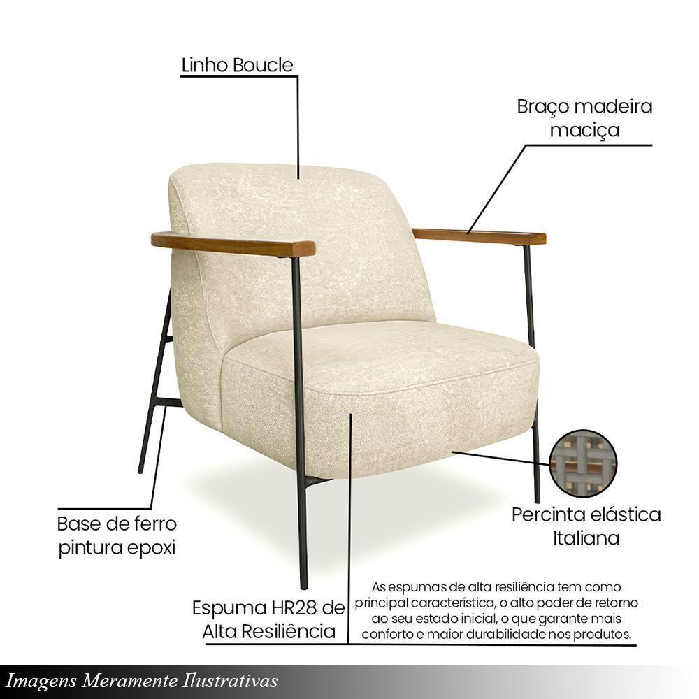 Poltrona Sala De Estar Pés Em Ferro Preto Braço Madeira Maciça 86cm Thane Bouclê Bege - 5