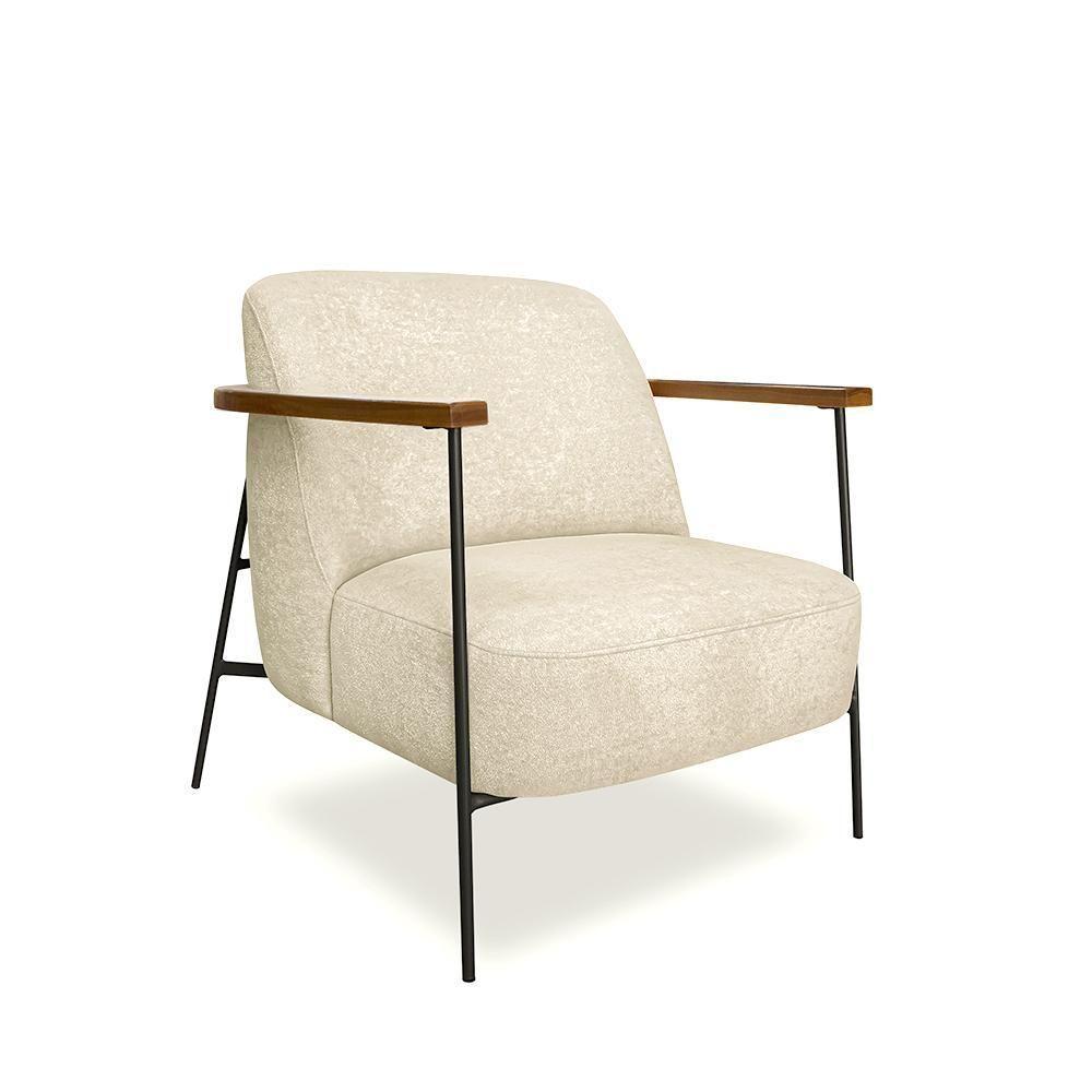 Poltrona Sala De Estar Pés Em Ferro Preto Braço Madeira Maciça 86cm Thane Bouclê Bege - 6