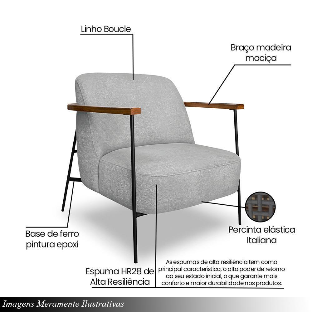 Poltrona Sala De Estar Pés Em Ferro Preto Braço Madeira Maciça 86cm Thane Bouclê Cinza - 6