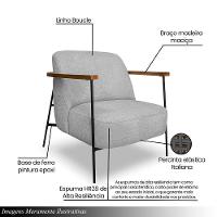 Poltrona Sala De Estar Pés Em Ferro Preto Braço Madeira Maciça 86cm Thane Bouclê Cinza - 6