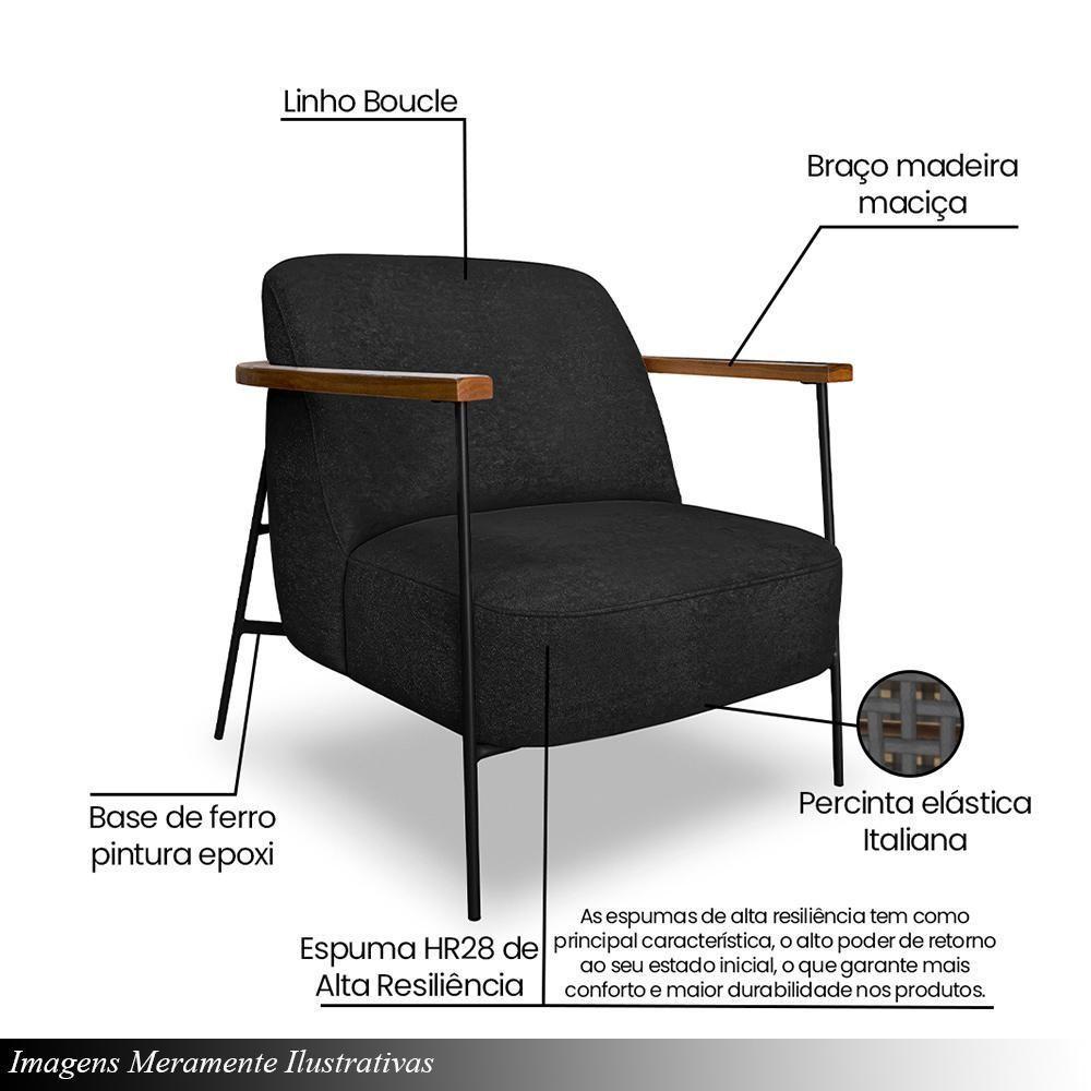 Poltrona Sala De Estar Pés Em Ferro Preto Braço Madeira Maciça 86cm Thane Bouclê Preto - 3