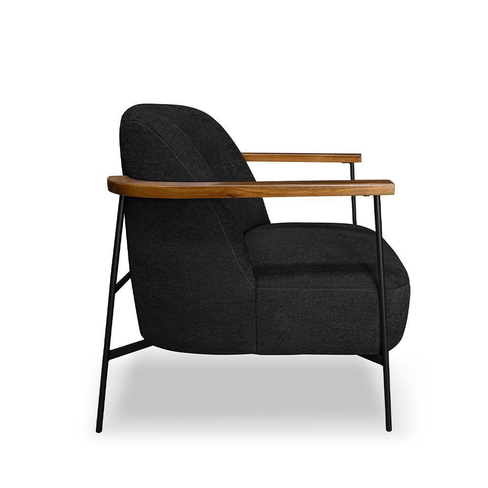 Poltrona Sala De Estar Pés Em Ferro Preto Braço Madeira Maciça 86cm Thane Bouclê Preto - 6