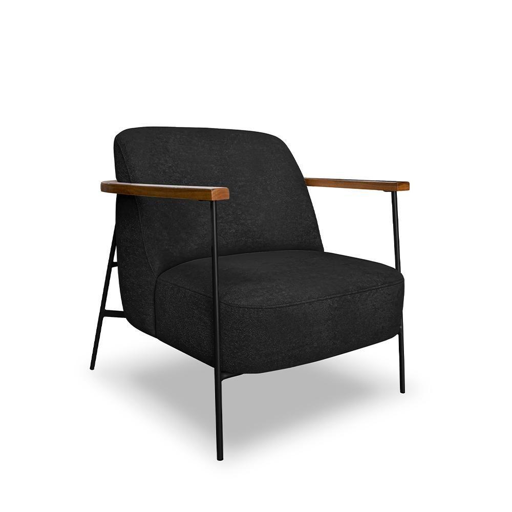 Poltrona Sala De Estar Pés Em Ferro Preto Braço Madeira Maciça 86cm Thane Bouclê Preto - 7