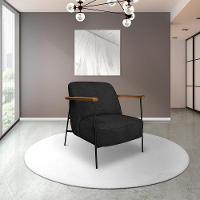 Poltrona Sala De Estar Pés Em Ferro Preto Braço Madeira Maciça 86cm Thane Bouclê Preto - 1