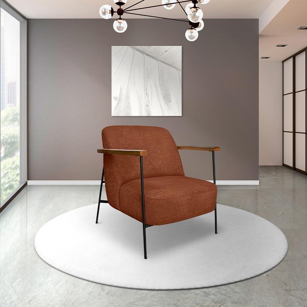 Poltrona Sala De Estar Pés Em Ferro Preto Braço Madeira Maciça 86cm Thane Bouclê Terracota - 1