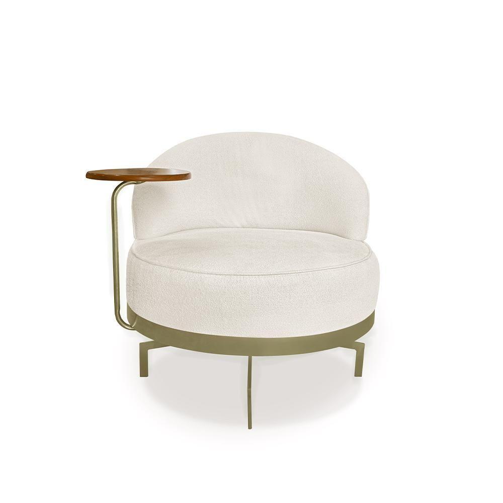 Poltrona Sala De Estar Pés Em Ferro Champagne Giratória Braço Madeira Maciça 86cm Banff Bouclê Off White - 4