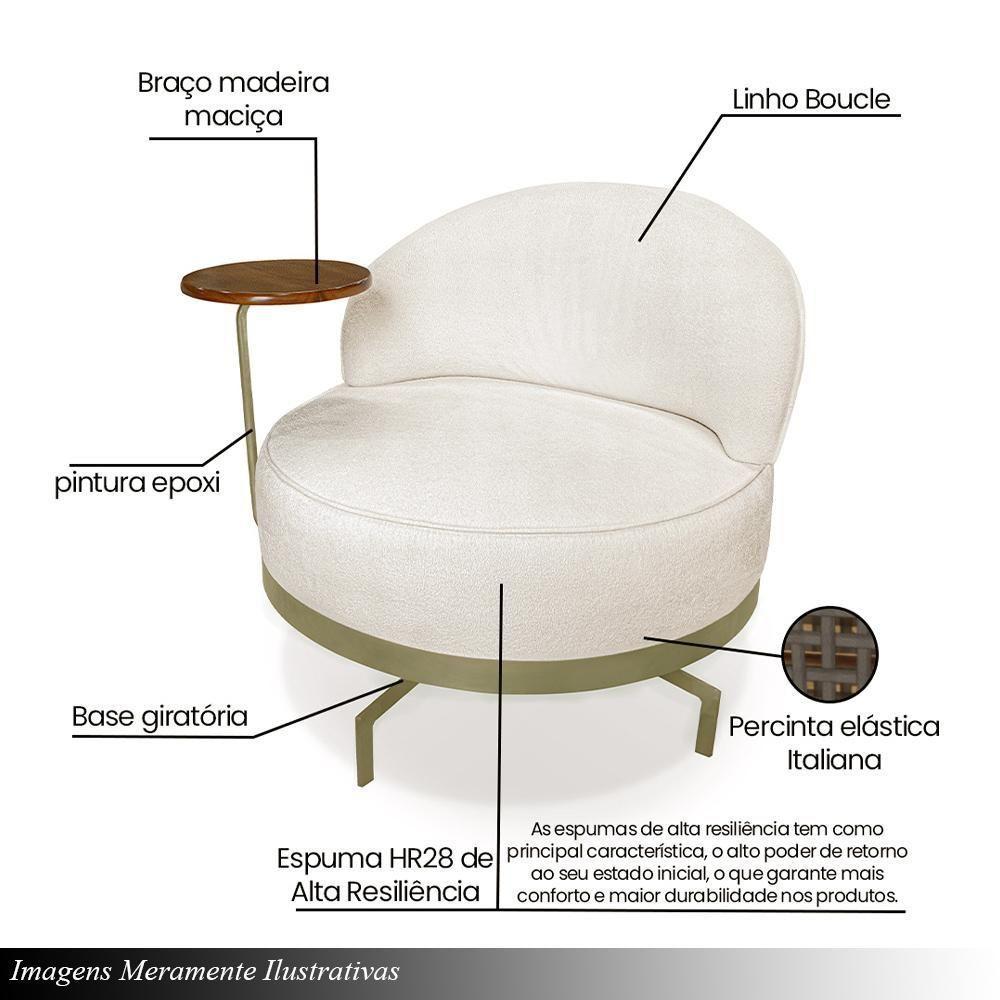 Poltrona Sala De Estar Pés Em Ferro Champagne Giratória Braço Madeira Maciça 86cm Banff Bouclê Off White - 6