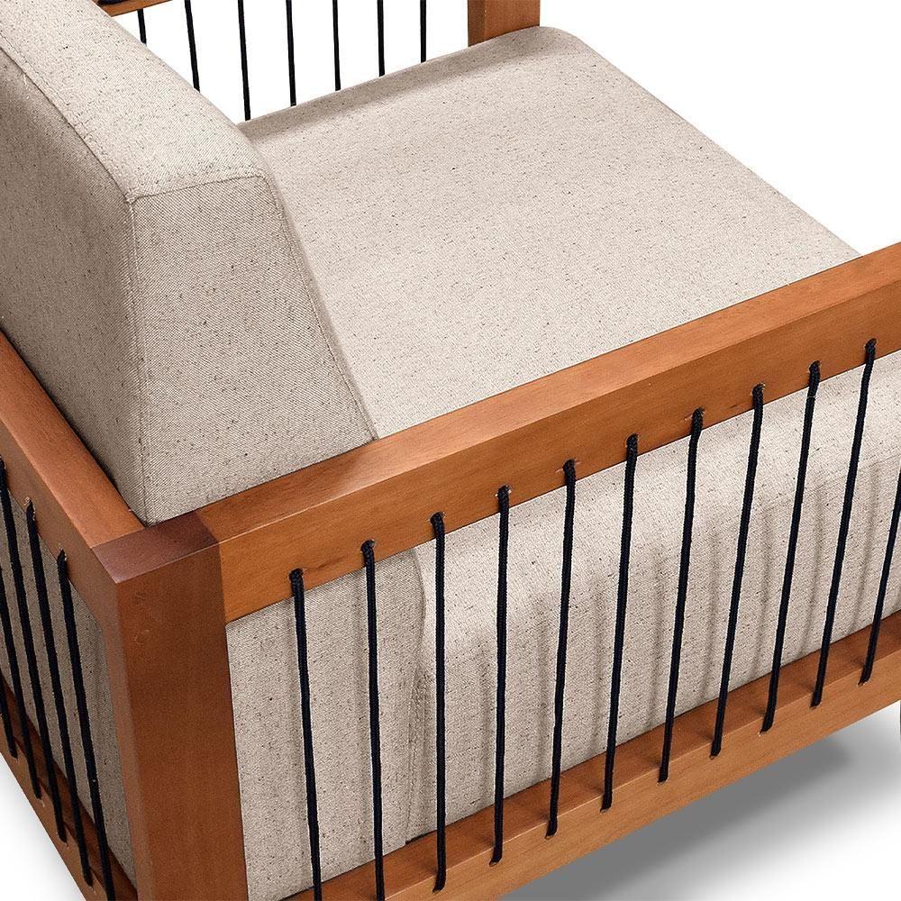 Poltrona Sala De Estar Pés Madeira Maciça Corda Náutica Preta 75cm Manila Linho Areia Rústico - 2