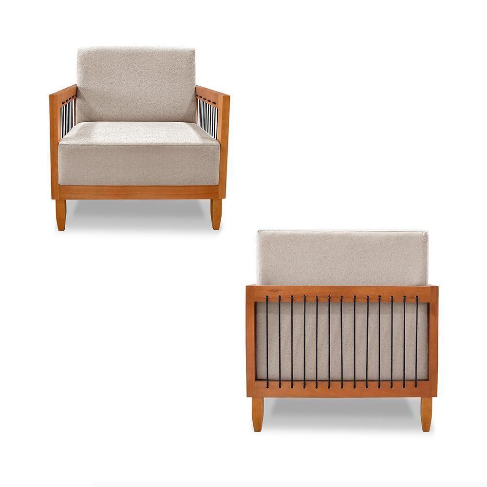 Poltrona Sala De Estar Pés Madeira Maciça Corda Náutica Preta 75cm Manila Linho Areia Rústico - 7