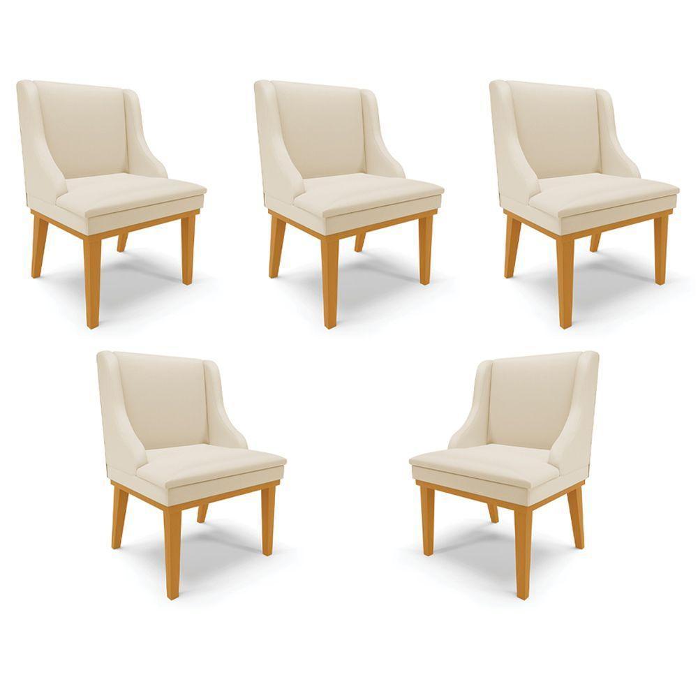 Kit 5 Cadeiras Decorativas Sala De Jantar Base Fixa De Madeira Firenze Pu Bege/castanho G19 - Gran Belo - 1