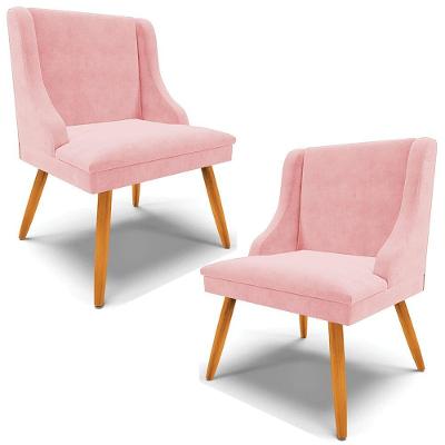 Kit 2 Cadeiras Decorativas Sala De Jantar Pés Palito De Madeira Firenze Suede Rosa Bebê/natural G19 - Gran Belo