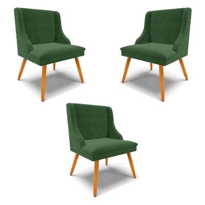 Kit 3 Cadeiras Decorativas Sala De Jantar Pés Palito De Madeira Firenze Suede Verde Esmeralda/natural G19 - Gran Belo