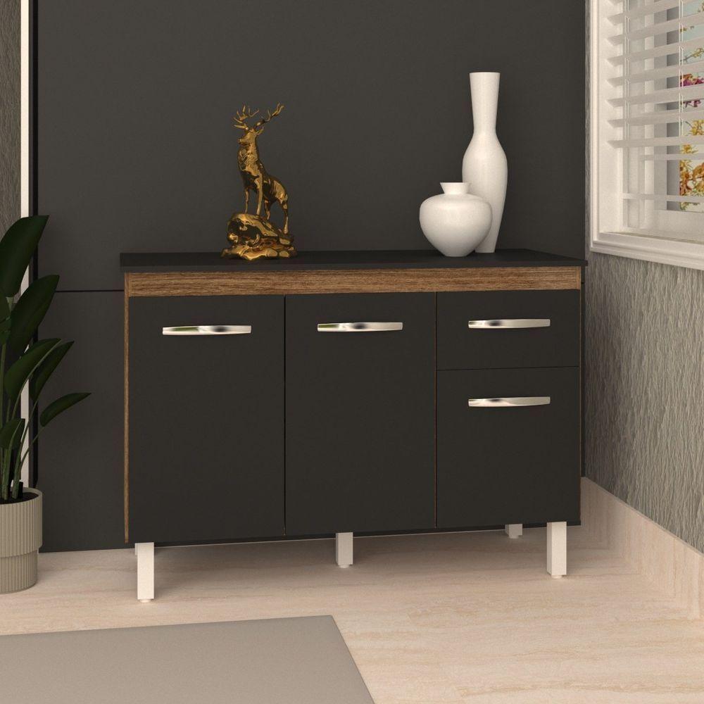 Balcão Gabinete Para Pia 118 Cm Cozinha Aline Savana Preto Com Tampo Tampão 120 Cm Preto - 4