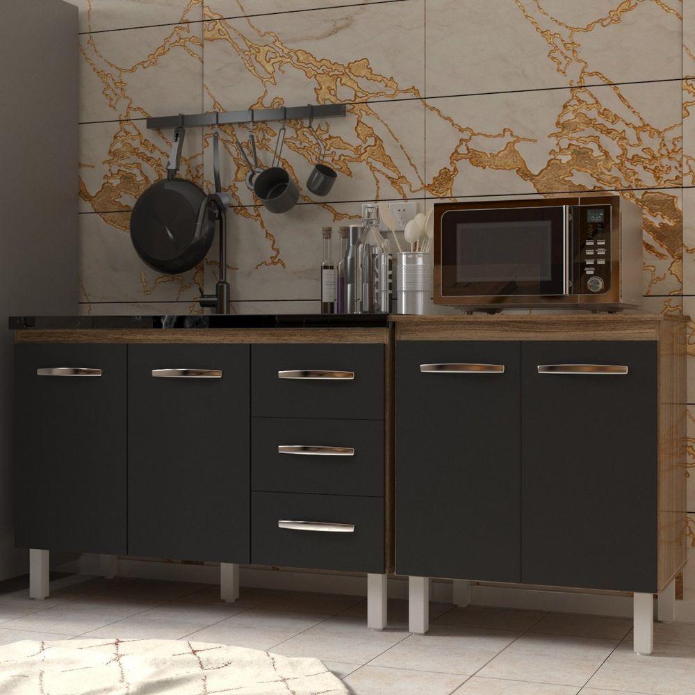 Armário Cozinha Gabinete Pia De 120 Cm Bruna E Balcão Jane Para Forno Elétrico Ou Microondas Savana Preto - 5