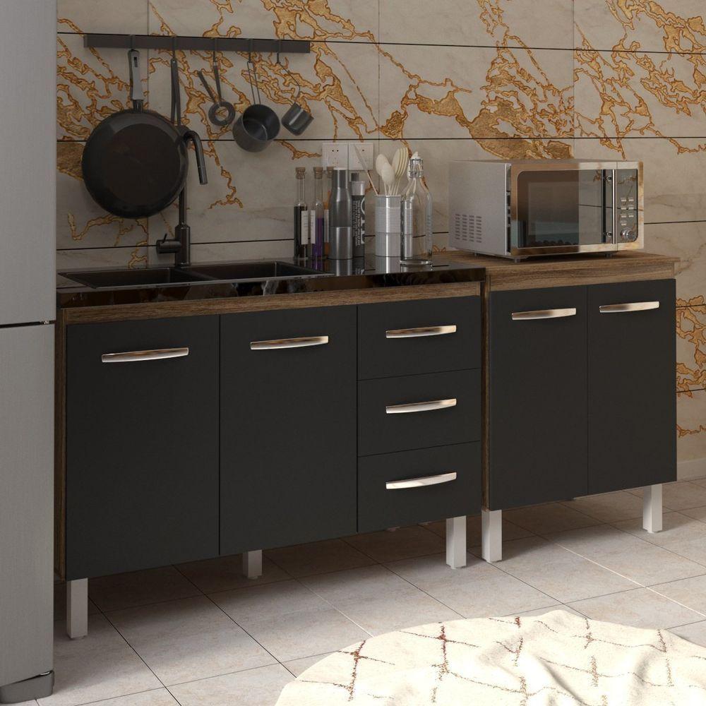 Armário Cozinha Gabinete Pia De 120 Cm Bruna E Balcão Jane Para Forno Elétrico Ou Microondas Savana Preto - 6