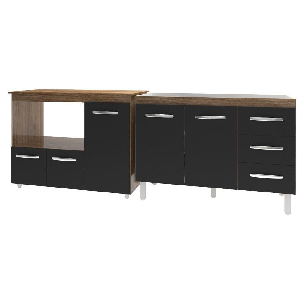 Armário Cozinha Balcão Gabinete De Pia 120 Cm Bruna E Balcão Lilian Para Microondas E Forno Elétrico Savana Preto - 1