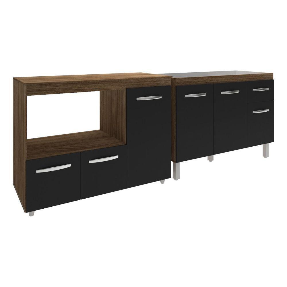 Gabinete Cozinha Armário Balcão De Pia 120 Cm Aline E Balcão Para Microondas E Forno Elétrico Lilian Savana Preto - 1