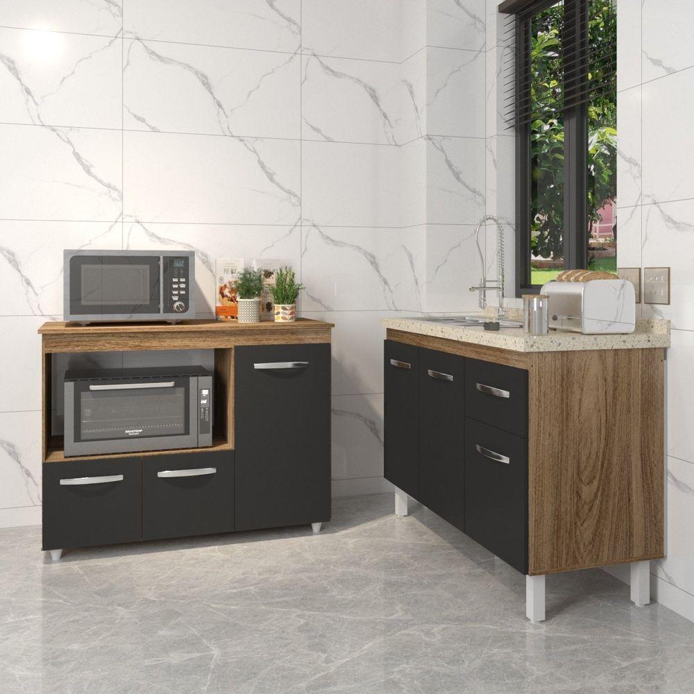 Gabinete Cozinha Armário Balcão De Pia 120 Cm Aline E Balcão Para Microondas E Forno Elétrico Lilian Savana Preto - 5