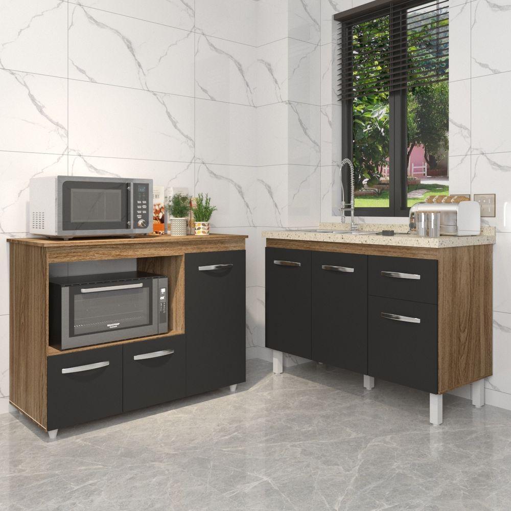 Gabinete Cozinha Armário Balcão De Pia 120 Cm Aline E Balcão Para Microondas E Forno Elétrico Lilian Savana Preto - 6