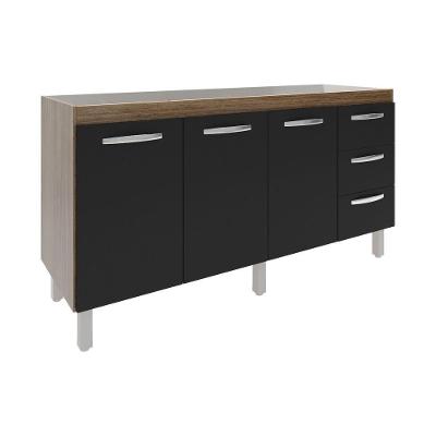 Balcão Cozinha Armário Gabinete Para Pia 157 Cm 3 Portas E 3 Gavetas Estela Savana Preto