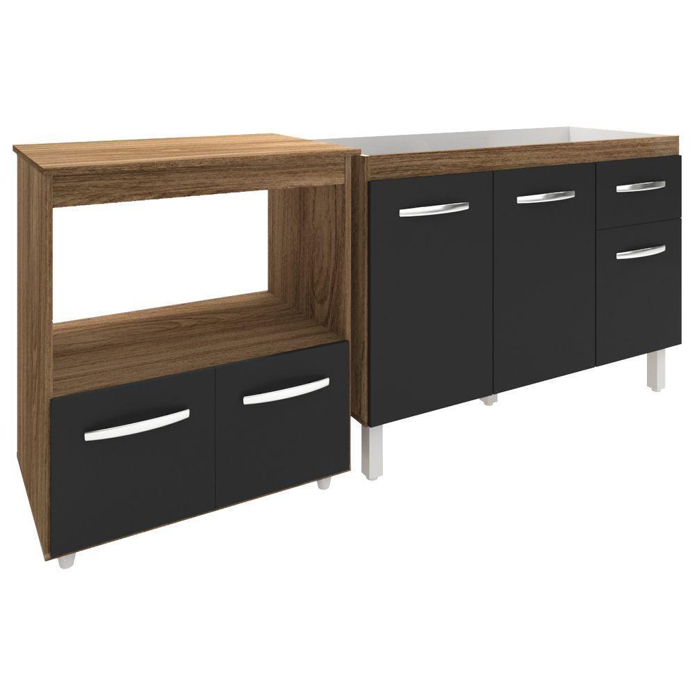 Cozinha Armário Balcão Gabinete De Pia Aline 120 Cm E Balcão Amanda Para Microondas E Forno Elétrico Savana Preto - 1