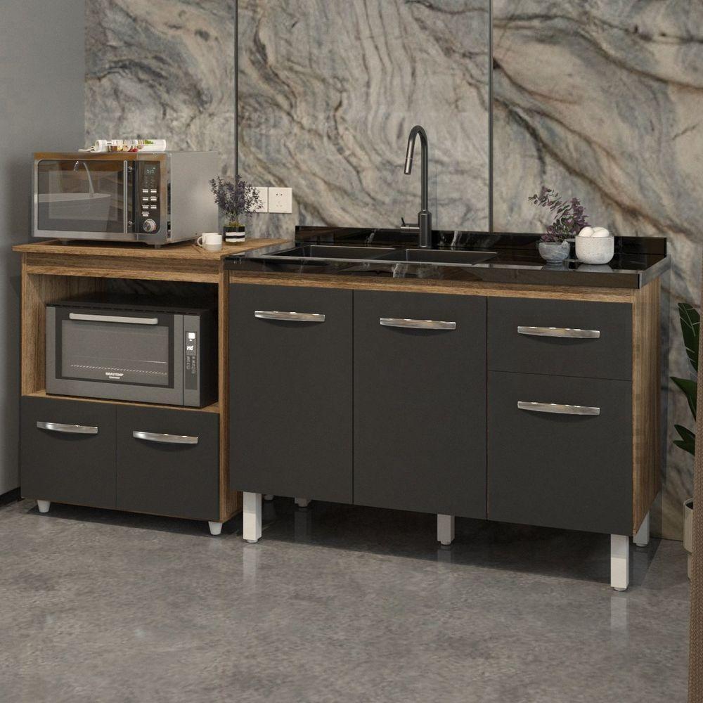 Cozinha Armário Balcão Gabinete De Pia Aline 120 Cm E Balcão Amanda Para Microondas E Forno Elétrico Savana Preto - 5
