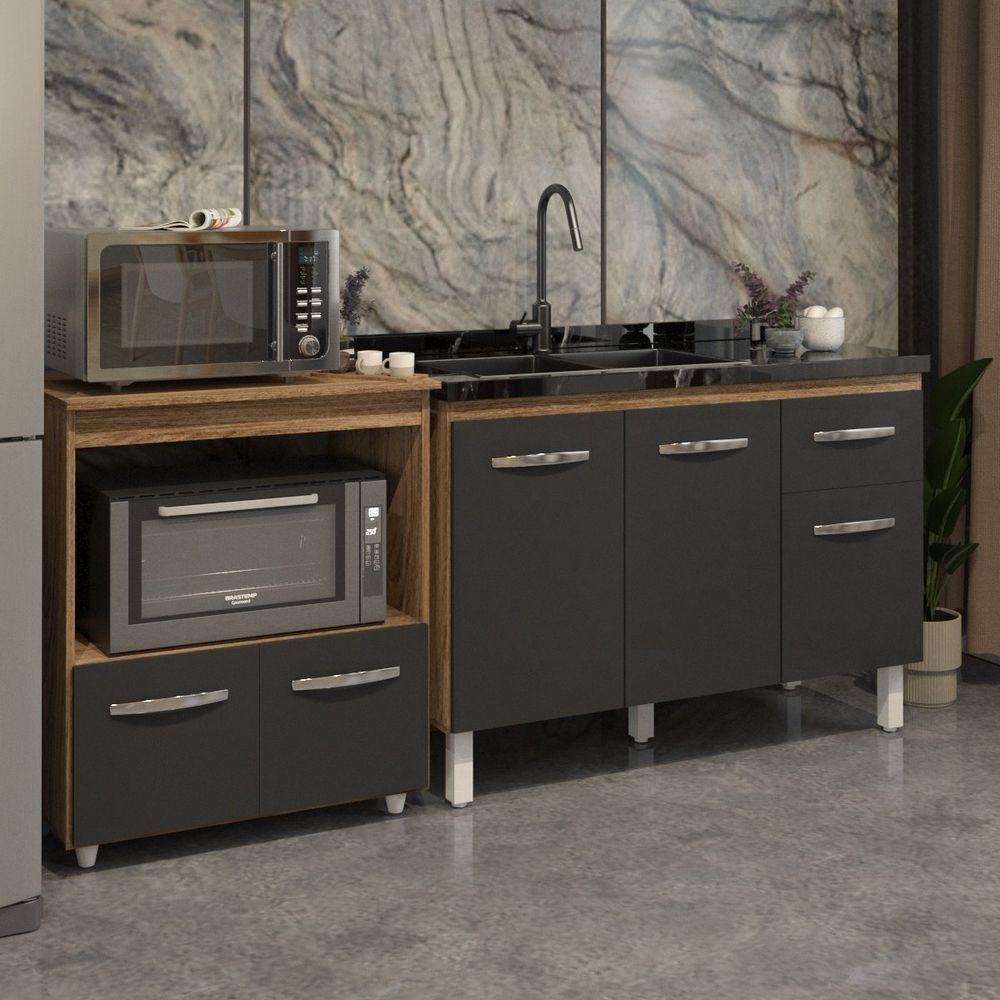 Cozinha Armário Balcão Gabinete De Pia Aline 120 Cm E Balcão Amanda Para Microondas E Forno Elétrico Savana Preto - 6