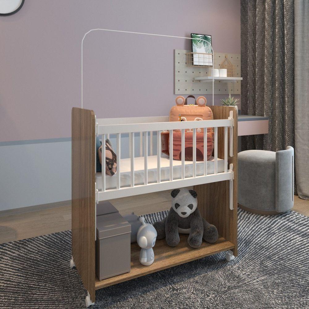 Mini Berço Compacto Portátil Para Bebê Com Grade Movel Rodízio Colchão Suporte Mosquiteiro E Prateleira Savana Branco - 6