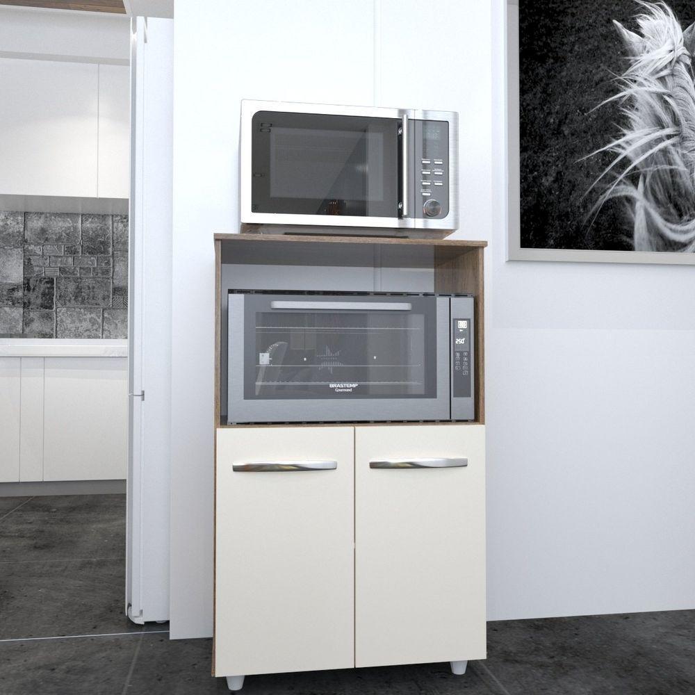 Balcão Multiuso Armário Cozinha Para Forno Elétrico E Microondas Organizador Com 2 Portas Tayla Savana Off White - 4