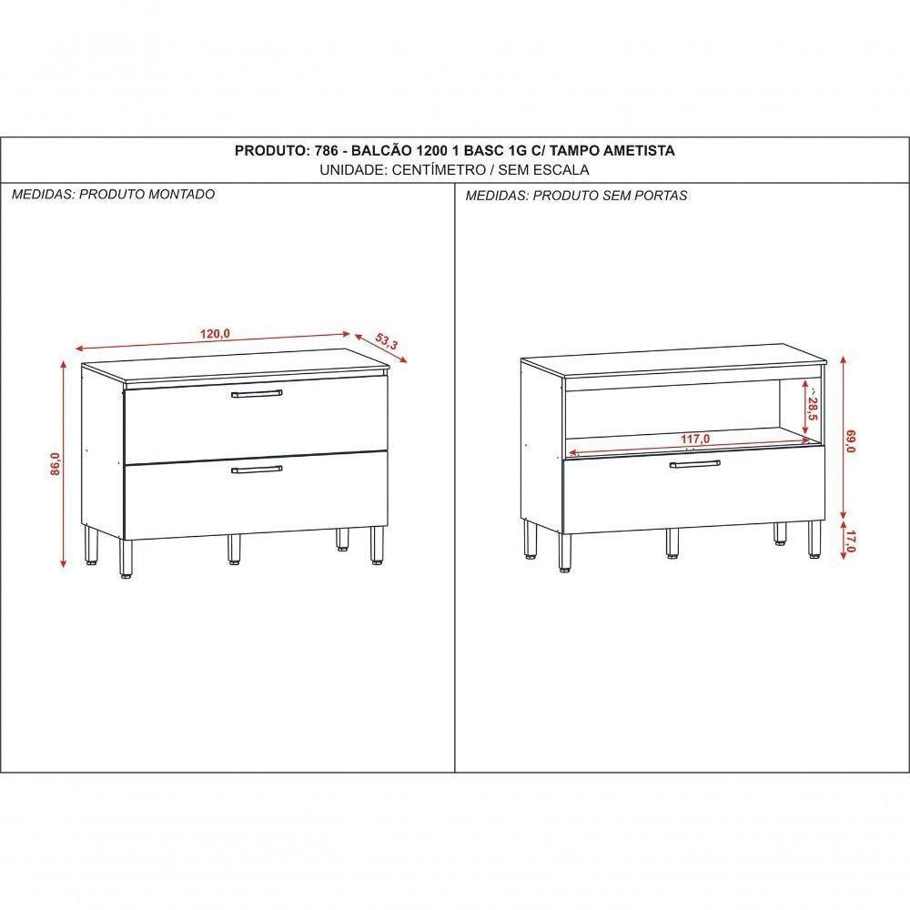Balcão De Cozinha 1 Porta Basculante 1 Gaveta Com Tampo 1,20 Cm Basic Ametista Kits Parana Nogueira Off White - 3