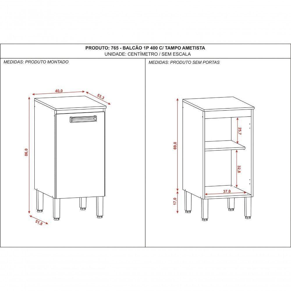 Balcão De Cozinha 1 Porta 0,40 Cm Com Tampo Ametista Kits Parana Freijó Supremo - 2