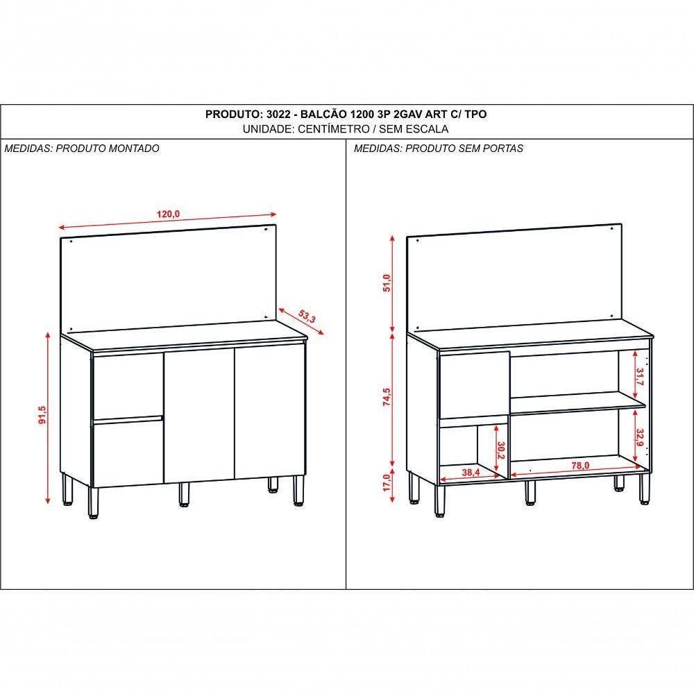 Balcao De Cozinha 3 Portas 2 Gavetas 1,20 Cm Com Tampo E Painel Art Kits Parana Vanilla-vanilla - 2