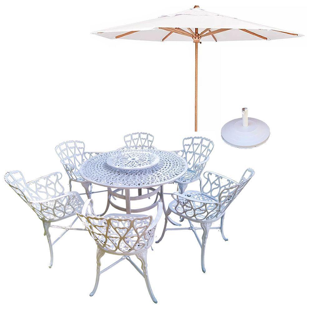 Conjunto De Jardim Viena Mesa 1,25m Giratória 6 Cadeiras E Guarda Sol Branco - 1
