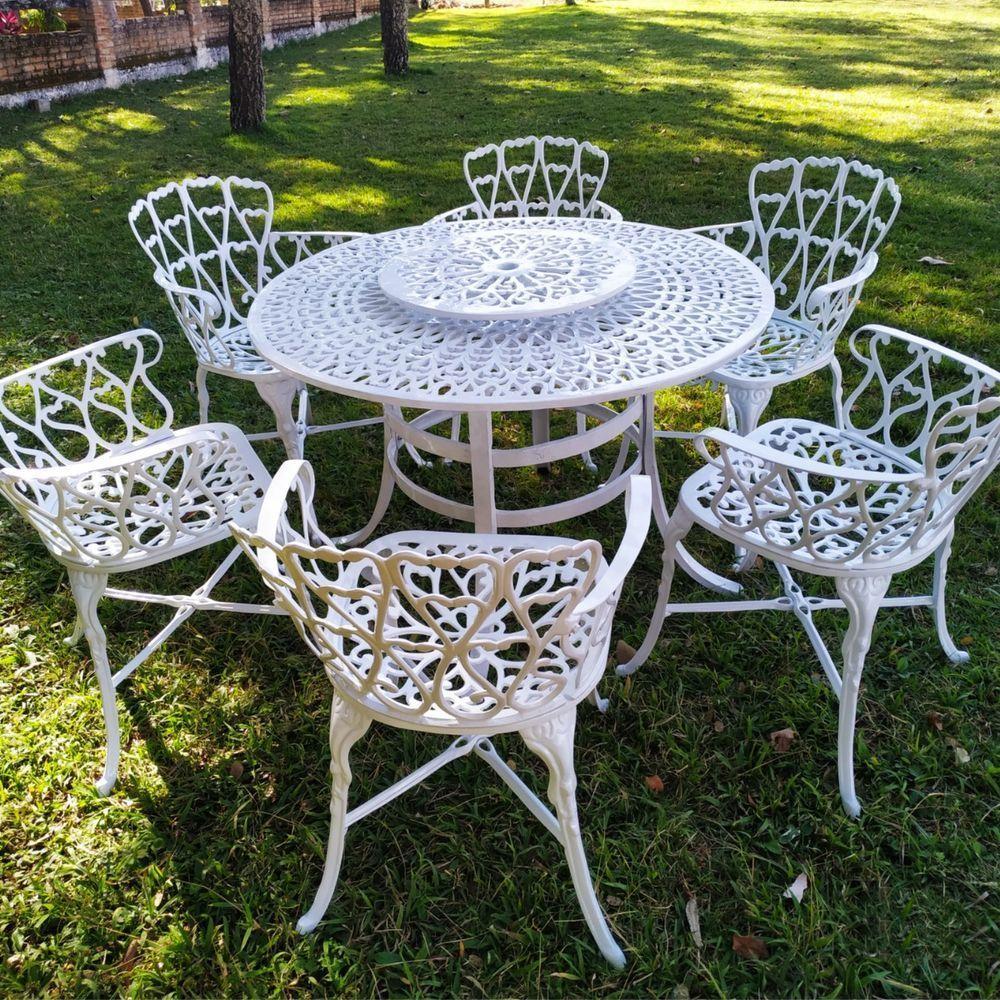 Conjunto De Jardim Viena Mesa 1,25m Giratória 6 Cadeiras E Guarda Sol Branco - 5