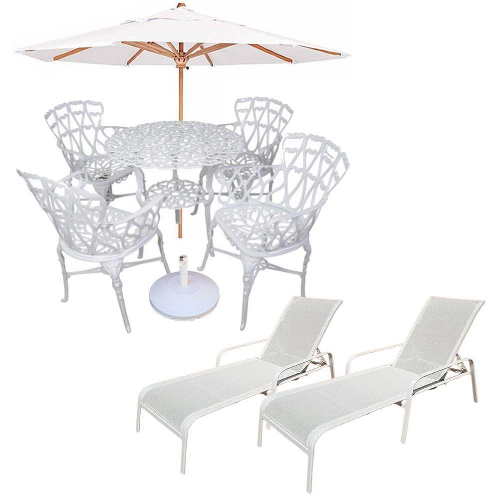 Conjunto Com Mesa Ripada + 4 Cadeiras De Jardim E Piscina + Ombrelone Com Base Branco - 1