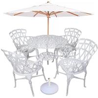 Conjunto Com Mesa Ripada + 4 Cadeiras De Jardim E Piscina + Ombrelone Com Base Branco - 7