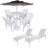 Conjunto Com Mesa Ripada + 4 Cadeiras De Jardim E Piscina + Ombrelone Com Base Preto - 1