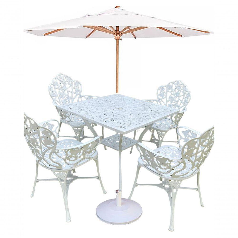 Conjunto De Jardim Com Mesa Quadrada 4 Cadeiras E Guarda Sol Branco - 1